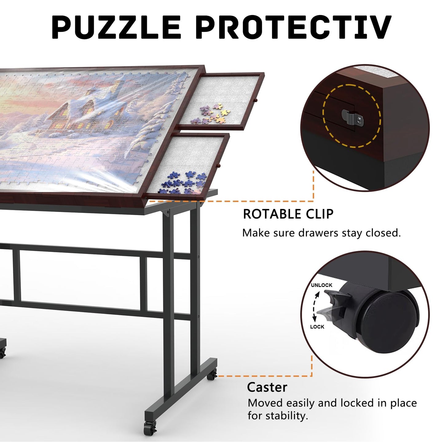 Doerpuz Jigsaw Puzzle Table – 1500 Piece Board with Legs, Wheels & Storage Pocket, 5 Adjustable Levels, Drawers, Coffee Color