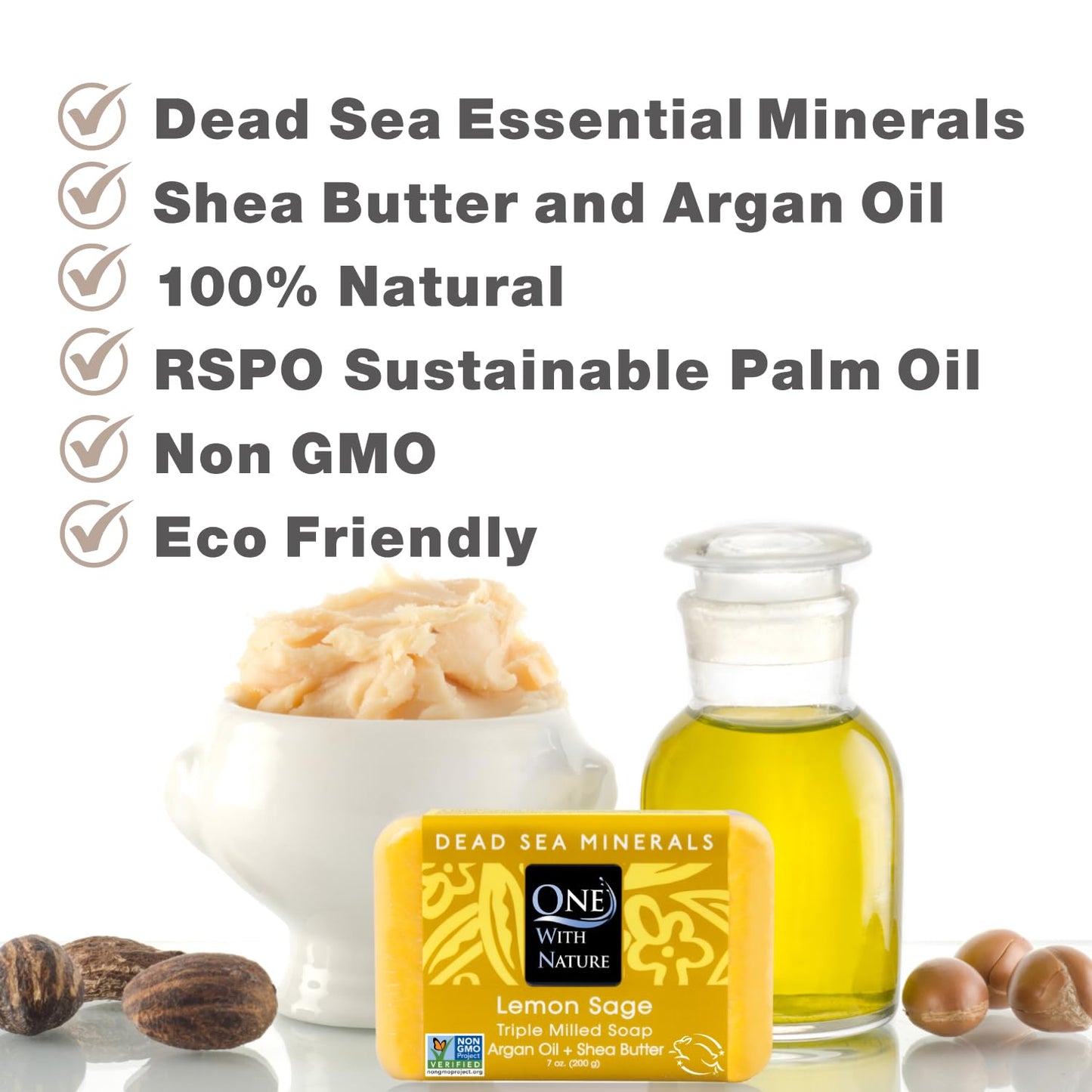 One With Nature Dead Sea Salt Lemon Sage Soap 7oz 3-Pack - Purifying and Exfoliating Soap Bar with Dead Sea Minerals for Face & Body, for Men & Women