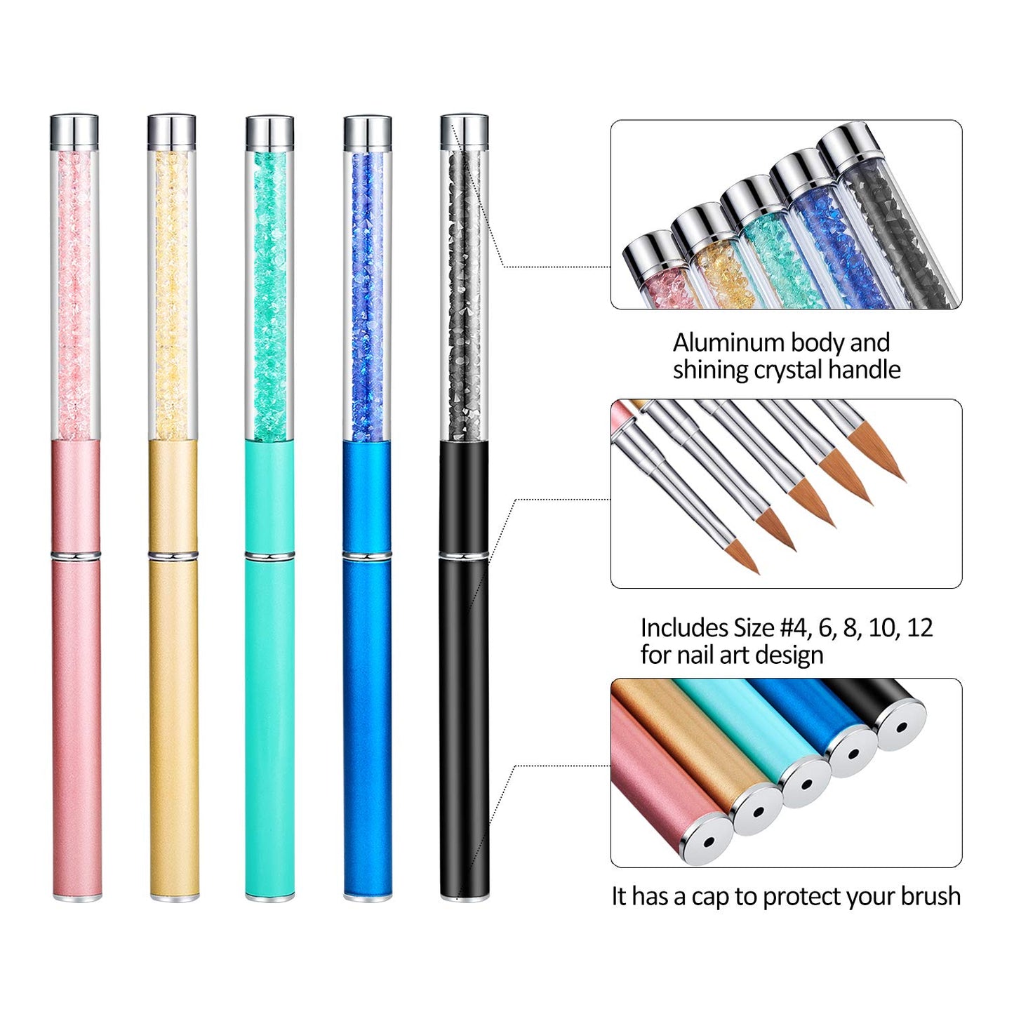 Honoson 5 Pieces Acrylic Nail Brush 3D Nail Brushes for Acrylic Flower UV Gel Pen Painting Tools Home DIY Salon Using Manicure Pen, Size 4, 6, 8, 10