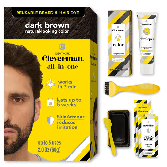Reusable Hair & Beard Dye for Men - Dark Brown 3.1 | Up to 5 Uses, 7 Minutes | Natural Gray Coverage, No-Drip Cream with SkinArmour® - Cleverman