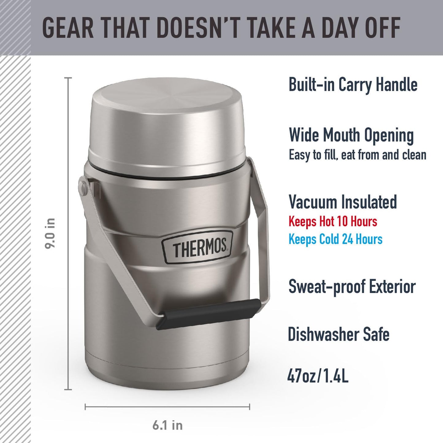 THERMOS Stainless King Vacuum-Insulated Food Jar with 2 Storage Container Inserts, 47 Ounce, Matte Steel