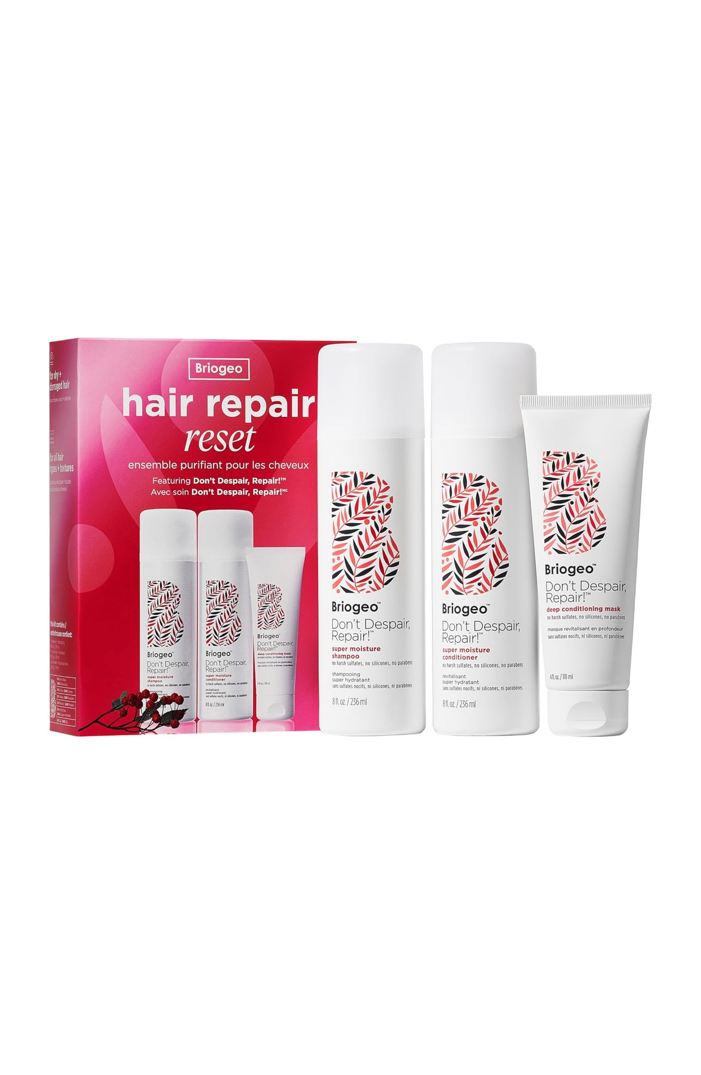 Briogeo Don't Despair, Repair! Hair Repair Reset Kit | Contains Super Moisture Shampoo, Conditioner & Deep Conditioning Mask | Repairs Dry, Damaged or