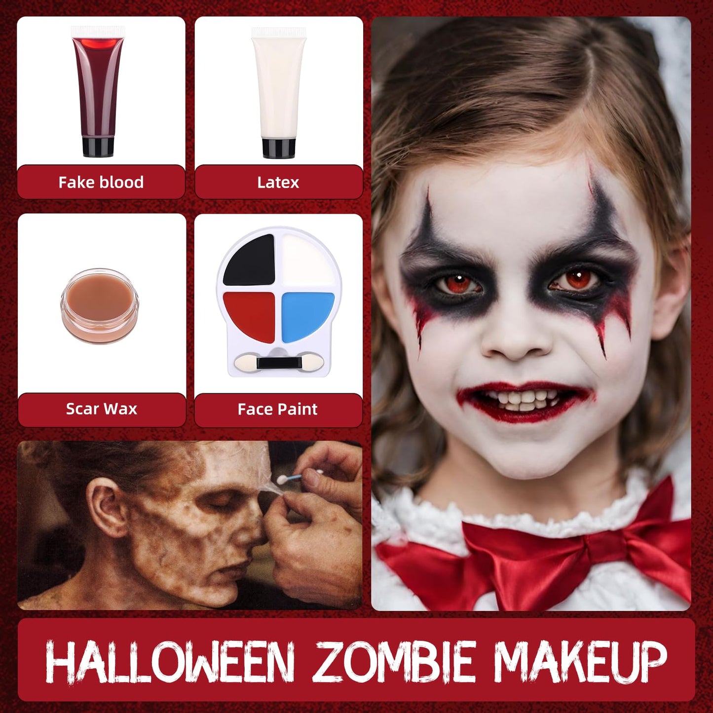 Zombie Makeup Kit - Professional SFX Makeup Set with 4 Color Face Body Paint, Liquid Latex, Fake Blood, Scar Wax for Halloween, Vampire, Clown Cosplay