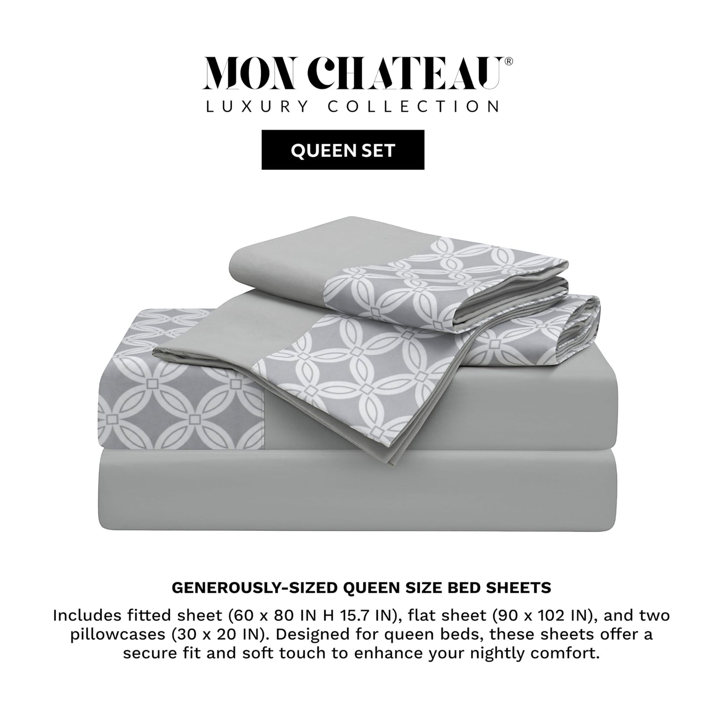 Mon Chateau Whisper Sheet Set, 4-Piece Soft Microfiber Diamond Pattern with Printed Trim for Queen Size Beds, Includes Fitted Sheet, Flat Sheet & 2