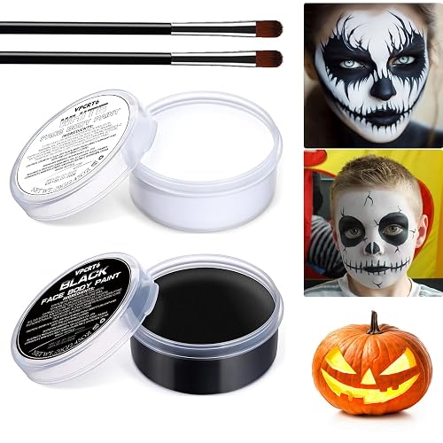 Halloween White Black Oil Face Body Paint Set, Halloween Skeleton Makeup Kit with 2 Brushes, Professional Black White Face Body Painting Kit