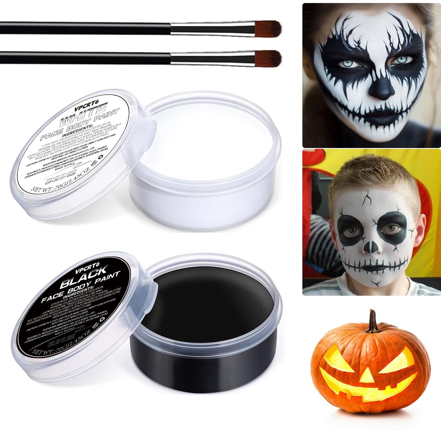 Halloween White Black Oil Face Body Paint Set, Halloween Skeleton Makeup Kit with 2 Brushes, Professional Black White Face Body Painting Kit