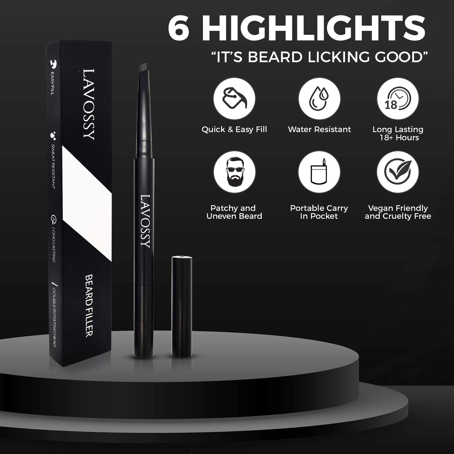 LAVOSSY Beard Pencil Filler for Men - Long Lasting and Easy to Use Beard Pen with blending brush results in a sleek & natural look, Water/Sweat Proof