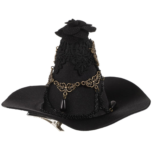Balck Witch Hat Gothic Rose Tassel Decor Hair Clip Hair Accessories for Halloween Party