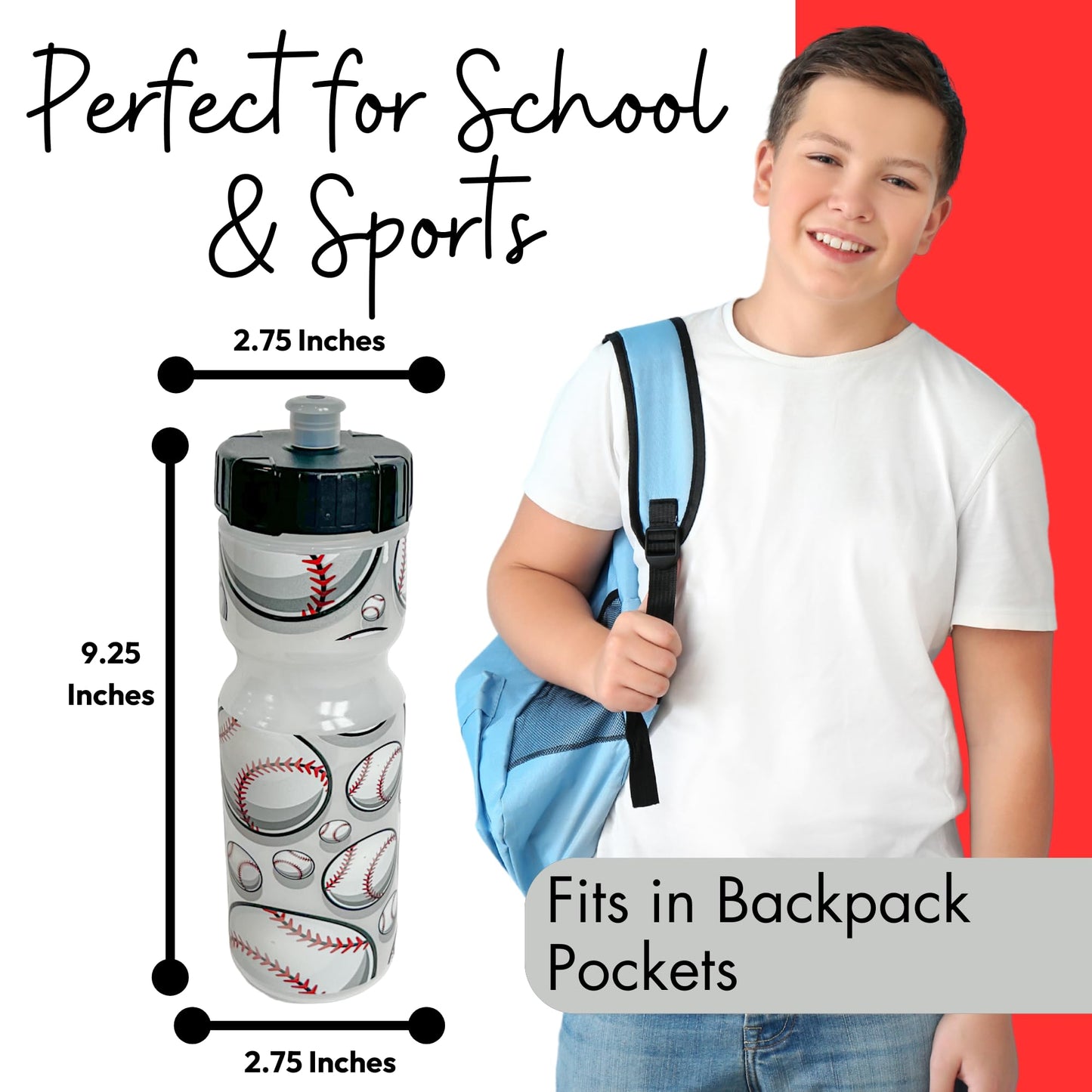 50 Strong 22oz Kids Sports Squeeze Water Bottle - BPA-Free with Pull Top Cap - Durable & Reusable for School, Boys & Girls - Made in USA - Baseball