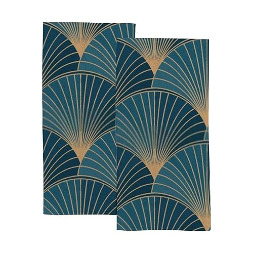 Kuizee Microfiber Hand Towel Face Towels Set of 2 Golden Elements Blue Art Deco Style Quick-Dry Highly Absorbent Ultra Soft Bathroom Kitchen 30X15…