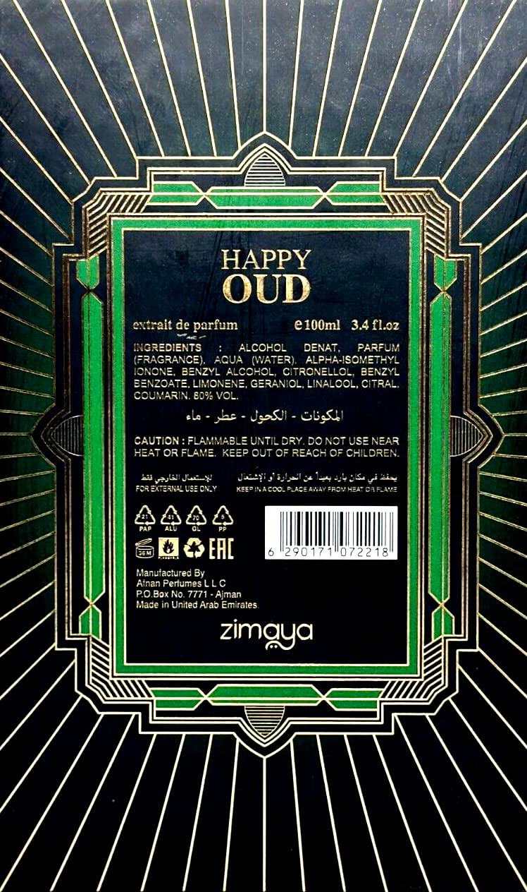 Zimaya Happy Oud Esprit de Parfum Spray, 3.4 Ounce (Unisex)