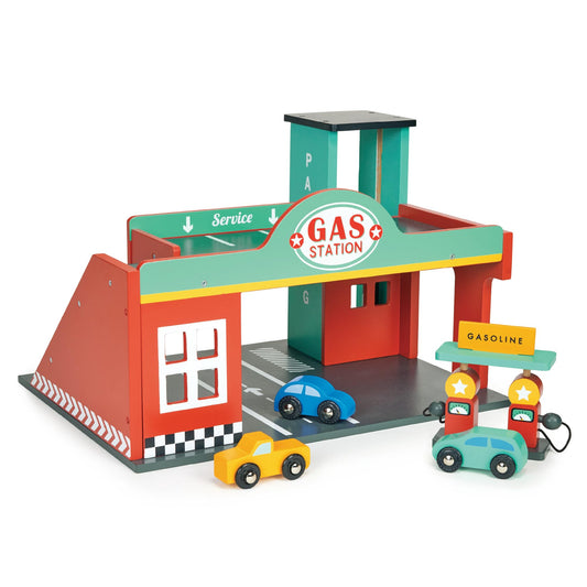 Mentari Toys Wooden Gas Station Playset – Garage with Lift, Cars, Ramp & Gas Pumps – Imaginative Role Play Toy for Kids Ages 3+