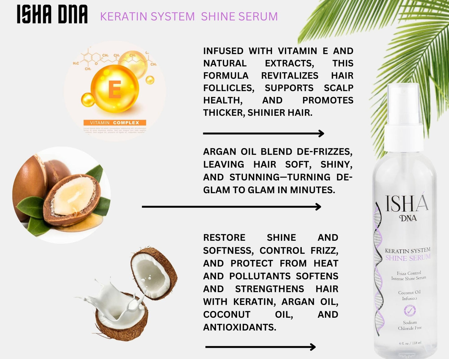 ISHA DNA Keratin Treatmen System Hair Shine Serum Drops - Frizz Control - Instant Shine - Coconut and Argan Oil Infused with Vitamin E - Smoothing