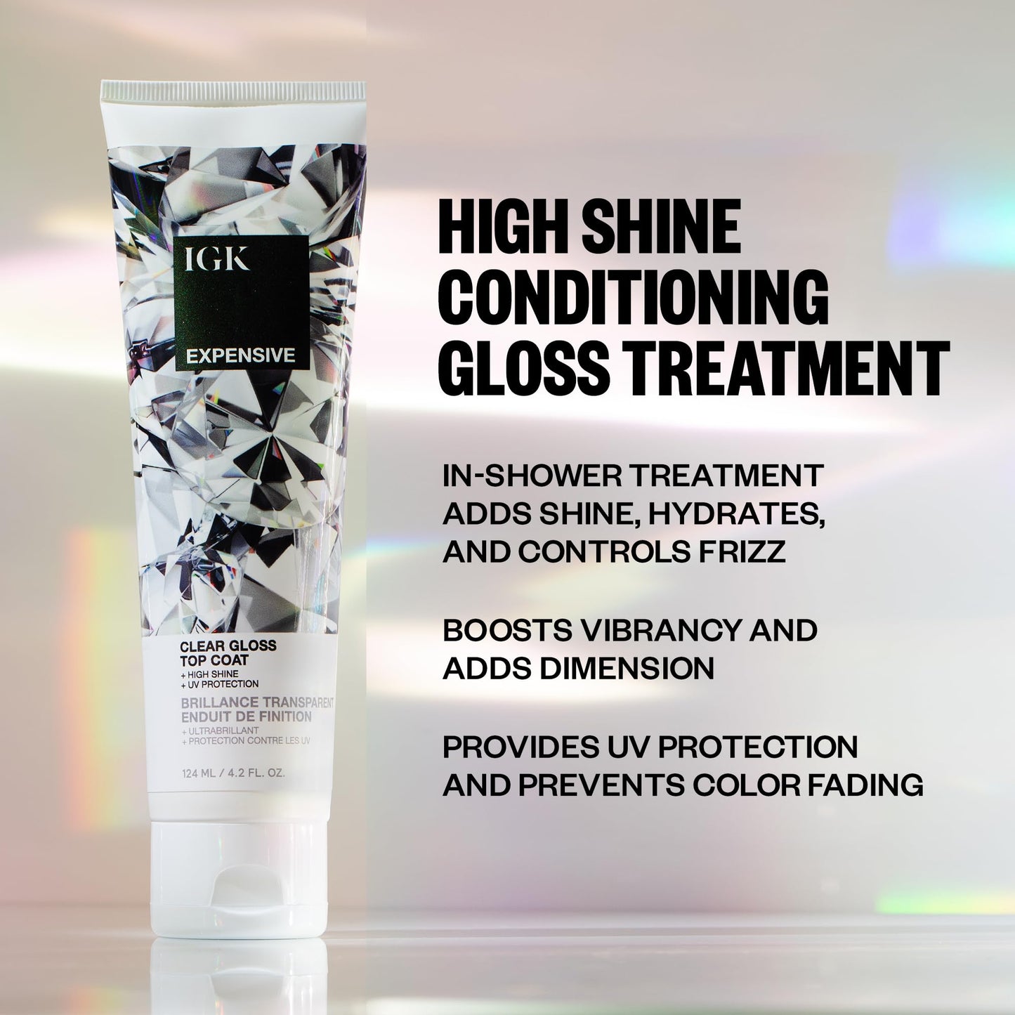 IGK EXPENSIVE Clear Gloss Top Coat | High Shine Gloss Treatment for Soft, Smooth Glass Hair | Revives Color-Treated Hair and Helps Control Frizz | 4.2