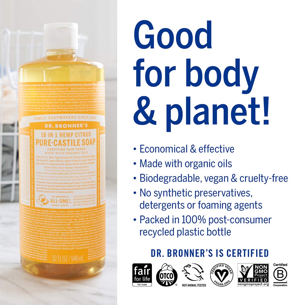 Dr. Bronner's - Pure-Castile Liquid Soap (Citrus, 1 Gallon) - Made with Organic Oils, 18-in-1 Uses: Face, Body, Hair, Laundry, Pets and Dishes