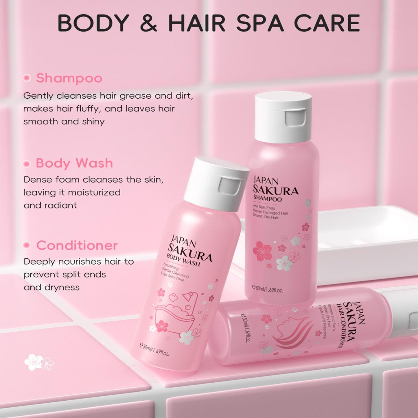 Cherry Blossom Shampoo and Conditioner & Body Wash Set,Hydrating Hair Care&Gentle Moisturizing Shower Gel,Delicate Floral Scent for Soft Silky