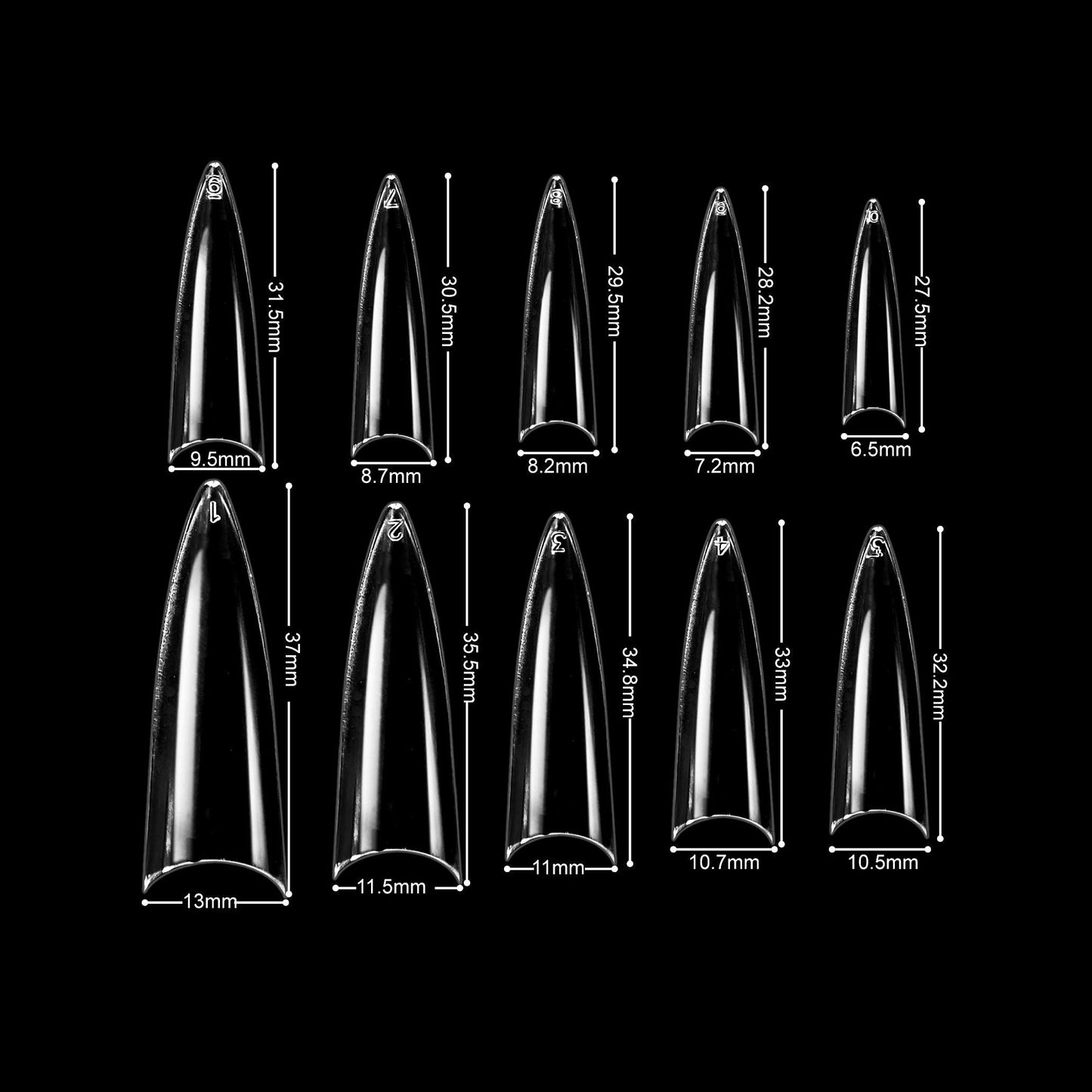 BeYou Clear Long Stiletto 500pcs False Fake Gel Nail Tips,10 Sizes With Clear Plastic Case For Nail Salon Nail Shop