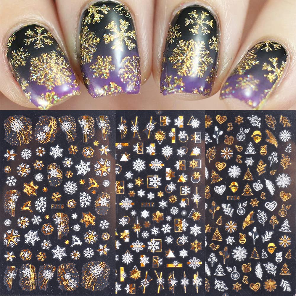 Christmas Nail Stickers, 3D Metal Gold Snowflake Nail Decals White Snowflake Elk Snowman Santa Claus Tree Christmas Bell Xmas Winter Nail Art Design