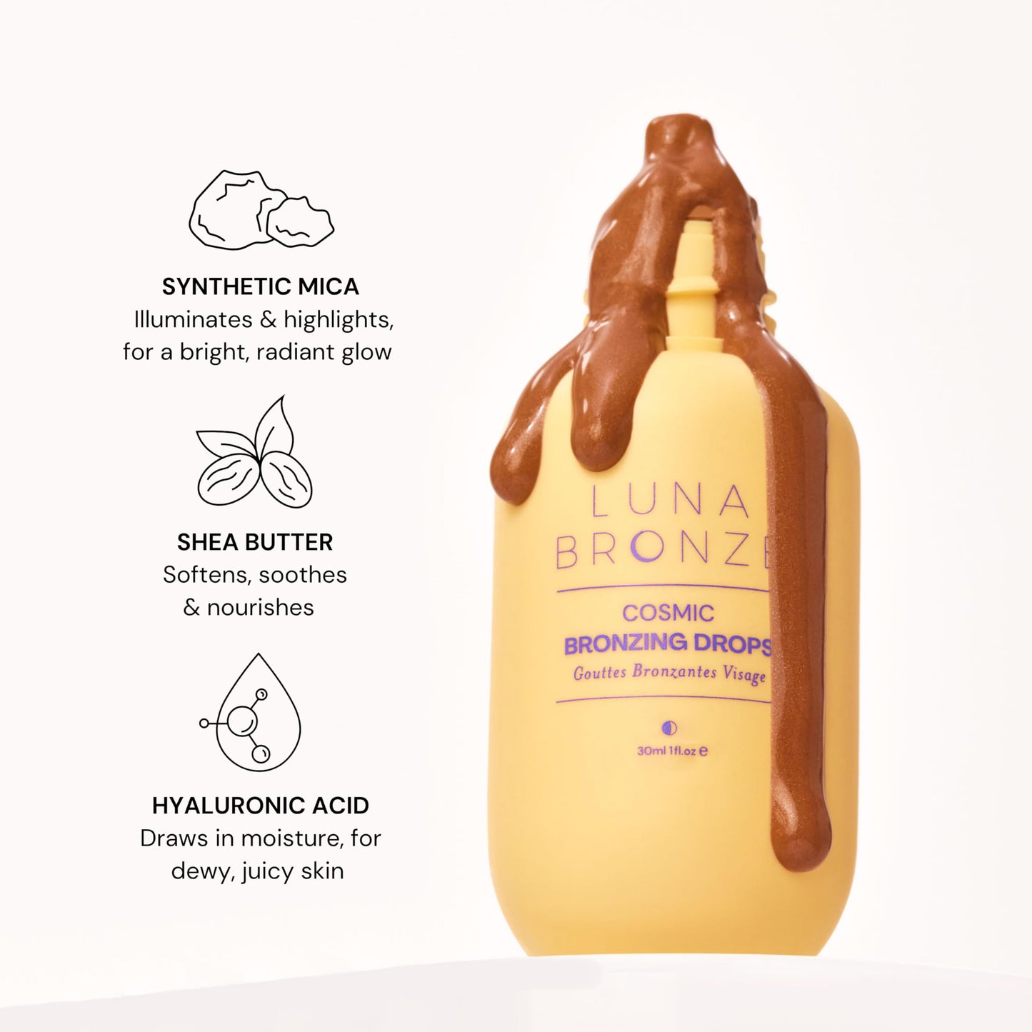 Luna Bronze Cosmic Bronzing Drops | Liquid Bronzer and Illuminator for Face and Body | Hydrating, Washable, Non-Greasy with Hyaluronic Acid and Shea