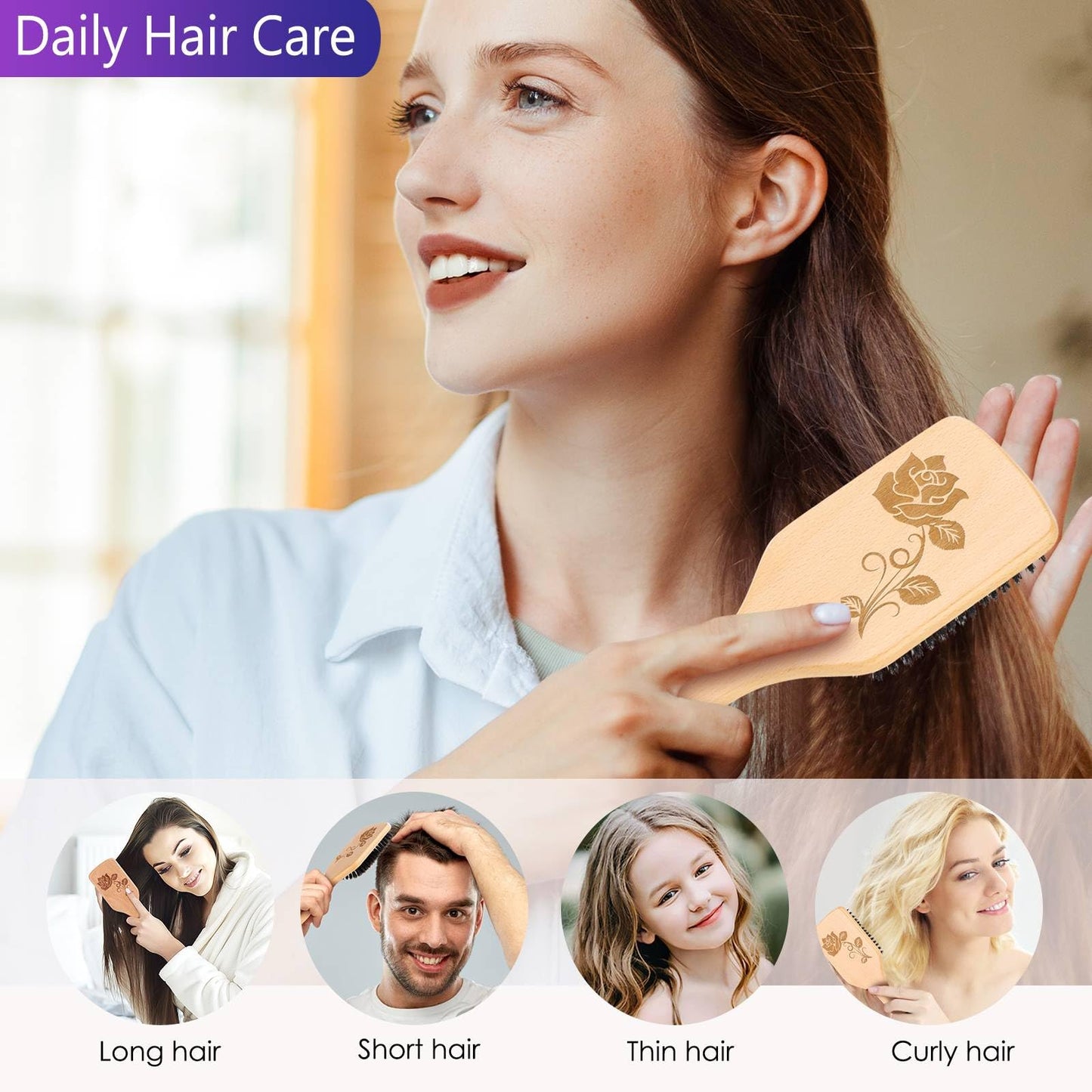 Bsisme Hair Brush-Boar Bristle Hairbrush with Detangling Pins Wooden Paddle Detangler Hairbrush for Women Men Reduce Frizz Dry Restore Natural Shine