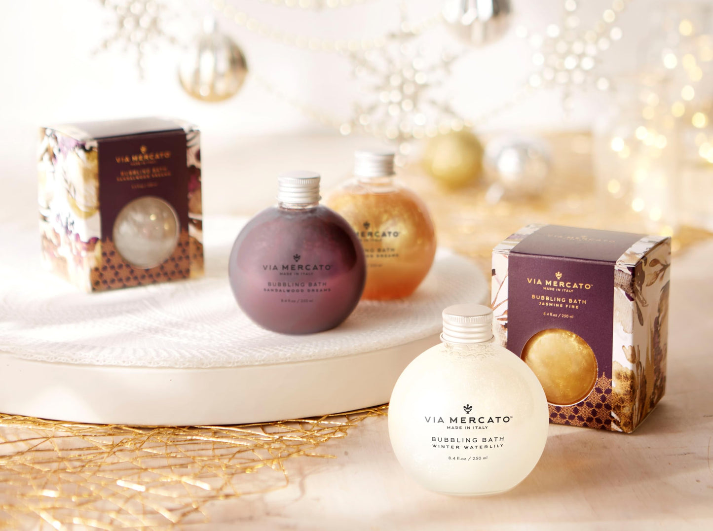 Via Mercato Scented Shimmering Bubble Bath, Moisturizing and Restorative, Ornament Gift Bottle is Beautifully Packaged with Gift-Giving in Mind, 250
