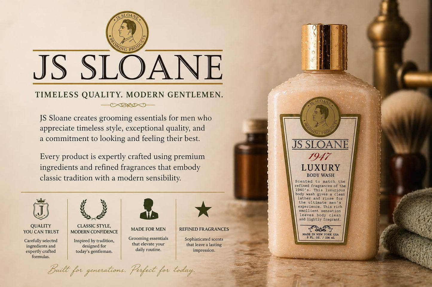 JS Sloane 1947 Luxury Body Wash for Men - Hydrating & Moisturizing Cleanser, Creamy Lather, Fresh Classic Scent, Deep Cleansing Formula, Leaves Skin