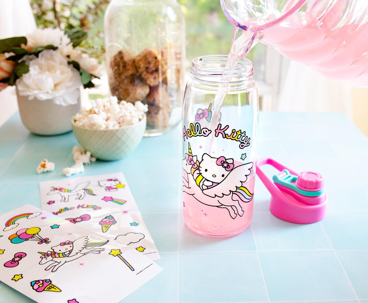 Silver Buffalo Sanrio Hello Kitty Unicorn Twist Spout Plastic Water Bottle Jug and Sticker Set For Personalizing | Holds 20 Ounces