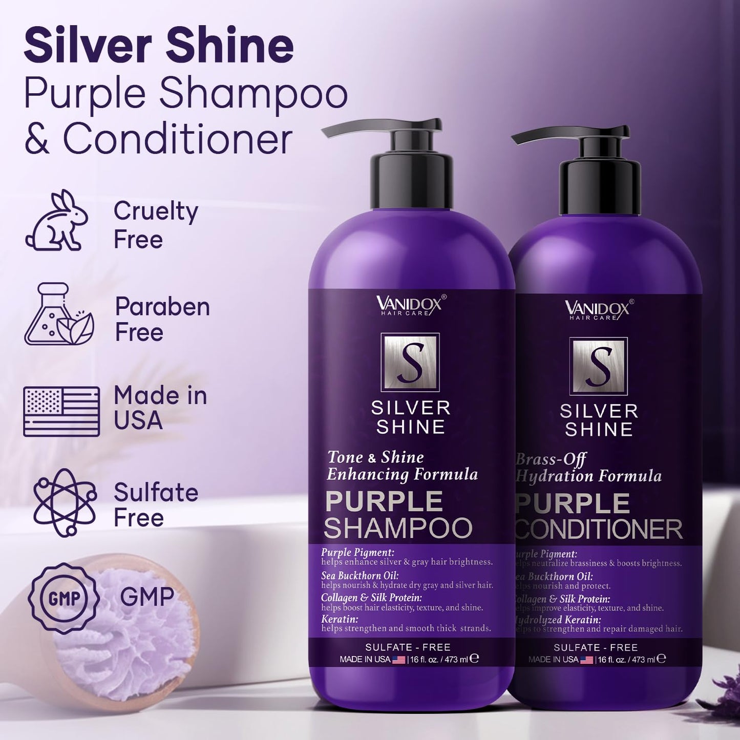VANIDOX Sulfate Free Brass Toning Purple Shampoo and Conditioner Set for Grey and Silver Hair, Moisturizing & Color-Safe, Enhances Shine & Brightness