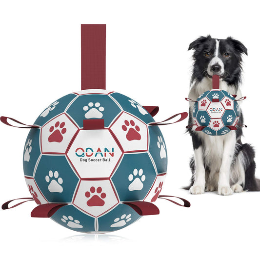 QDAN Premium Dog Soccer Ball Toy with Straps – Durable Training & Water Play Ball for Small/Medium Dogs – Puppy Birthday Gift, 6 Inch