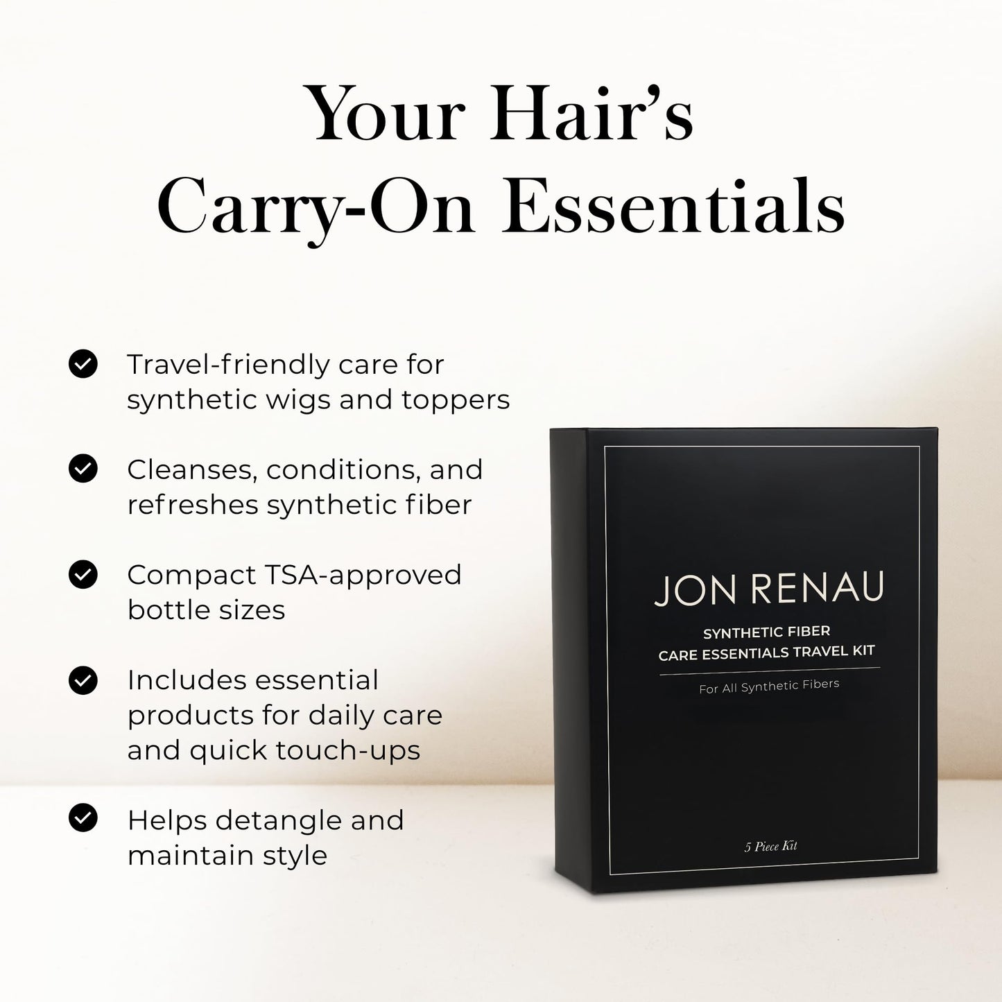 Jon Renau Synthetic Wig Care Travel Kit, 5-Piece Set - Wig Shampoo and Conditioner, Detangler Spray, Styling Gel, Wide Tooth Comb, Travel Sized