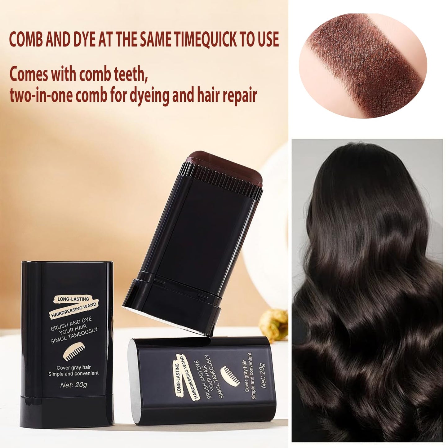2-in-1 Hair Color Stick & Comb, Long-Lasting Waterproof Color,Sweat-Proof, Quick Root Touch-Up, Coloring Tool - For Women & Men (Brownish Black-2PCS)