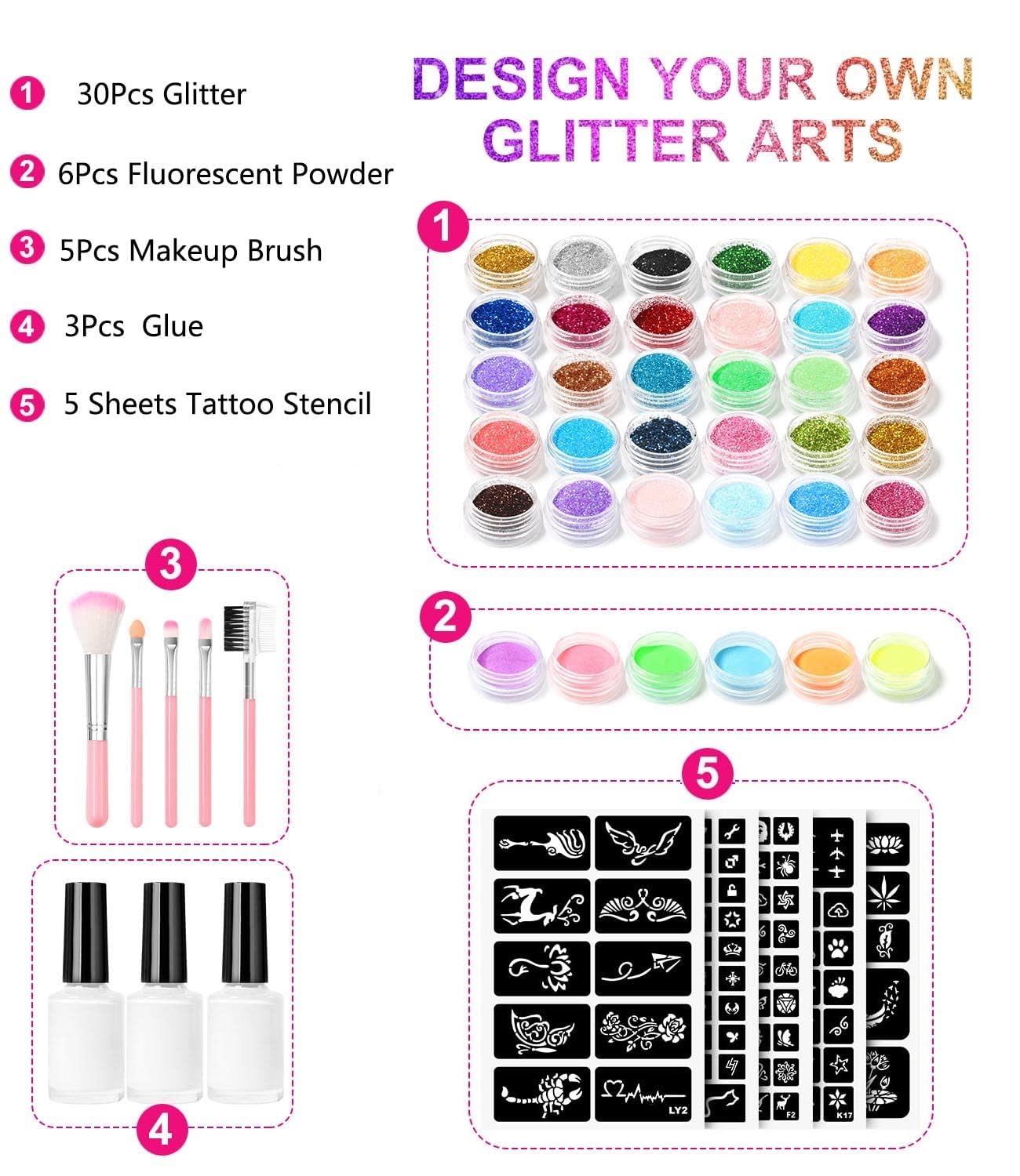 Temporary Glitter Tattoo Kit for Kids makeup,30 Body Glitter,3 Glitter Glue,5 Sheets Tattoos Stencil,5 Pcs Makeup Brush,6 Fluorescent