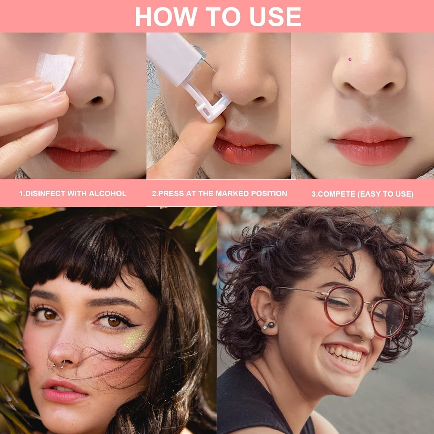Nose Piercing Gun Kit - 6Pcs Self Nose Piercing Kit Unit Disposable Nose Piercing Gun Including 2Pcs Nose Piercing Gun with 2Pc Built-in Nose Studs Beauty and Personal Care Lyuxzad