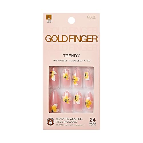 Goldfinger Trendy False Nails Kit, Long Almond Shape Design Nail, Pink & Flower Print, Ready to Wear Gel & Manicure Stick Included, Long-Lasting Beauty & Personal Care Goldfinger