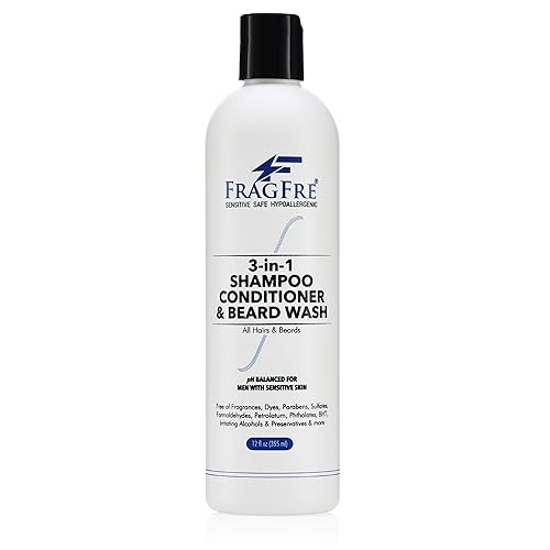 FRAGFRE Shampoo Conditioner and Beard Wash for Men, 12 oz - Unscented, Sensitive Skin, 3 in 1 Hair and Beard Cleansing and Conditioning, Grooming