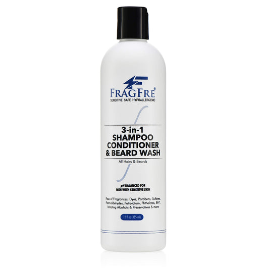 FRAGFRE Shampoo Conditioner and Beard Wash for Men, 12 oz - Unscented, Sensitive Skin, 3 in 1 Hair and Beard Cleansing and Conditioning, Grooming