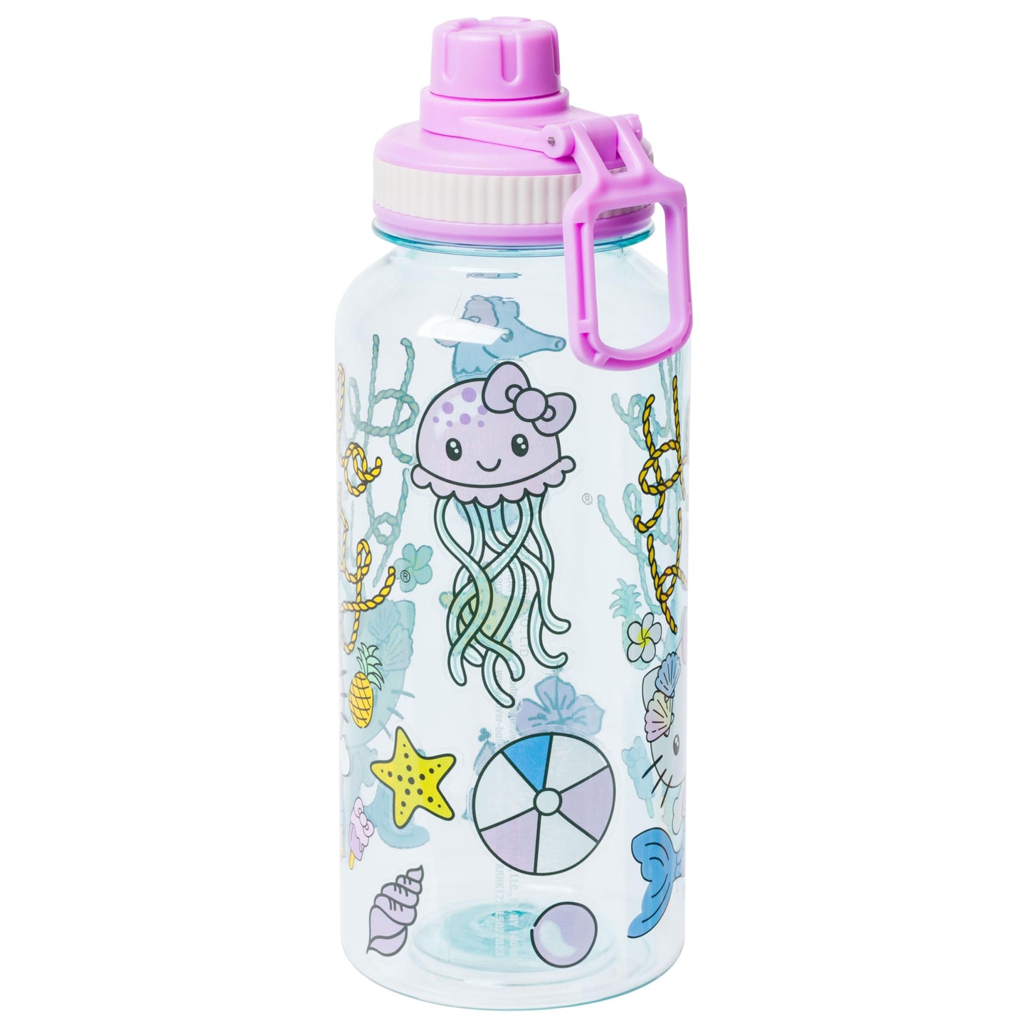 Silver Buffalo Sanrio Hello Kitty Mermaid Twist Spout Plastic Bottle with Sticker Set, 32 Ounces