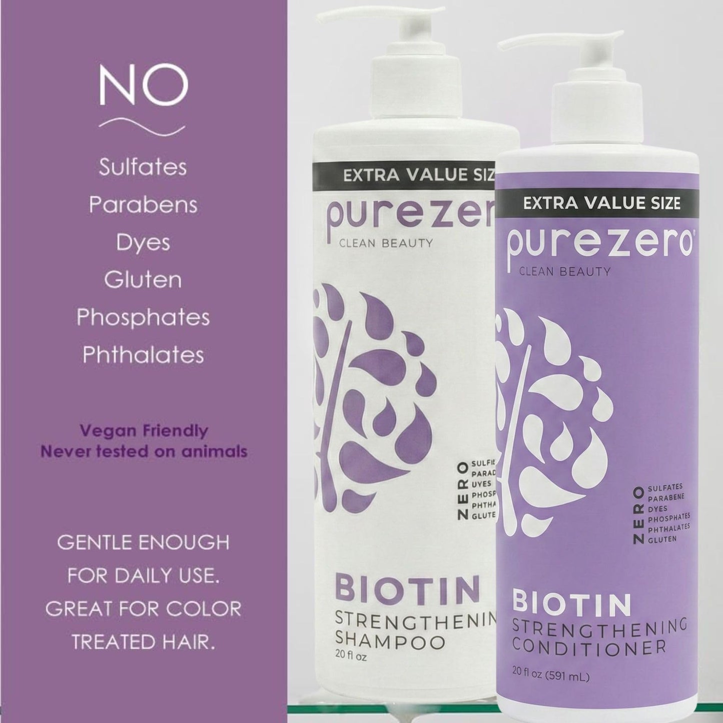Purezero Biotin Shampoo & Conditioner Set - Anti Thinning Formula - Volumizing, Thicker, Fuller Hair - Zero Sulfates, Parabens, Dyes, Gluten - 100%
