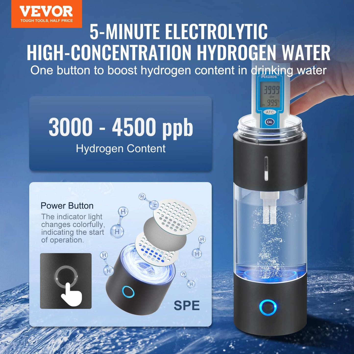 VEVOR Hydrogen Water Bottle Generator, 230 ml / 8.1 oz Capacity Portable Hydrogen Water Maker, SPE Technology Hydrogen Rich Water Ionizer Machine