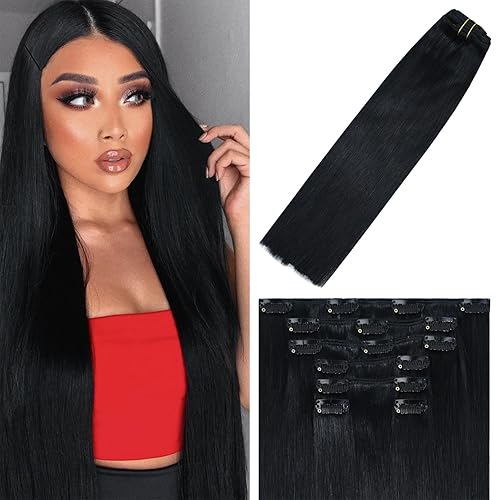 WindTouch Clip in Hair Extensions Real Human Hair Remy Human Hair Clip in Extensions Straight Clip ins Soft No Tangles #1 Jet Black 20 Inch 75g