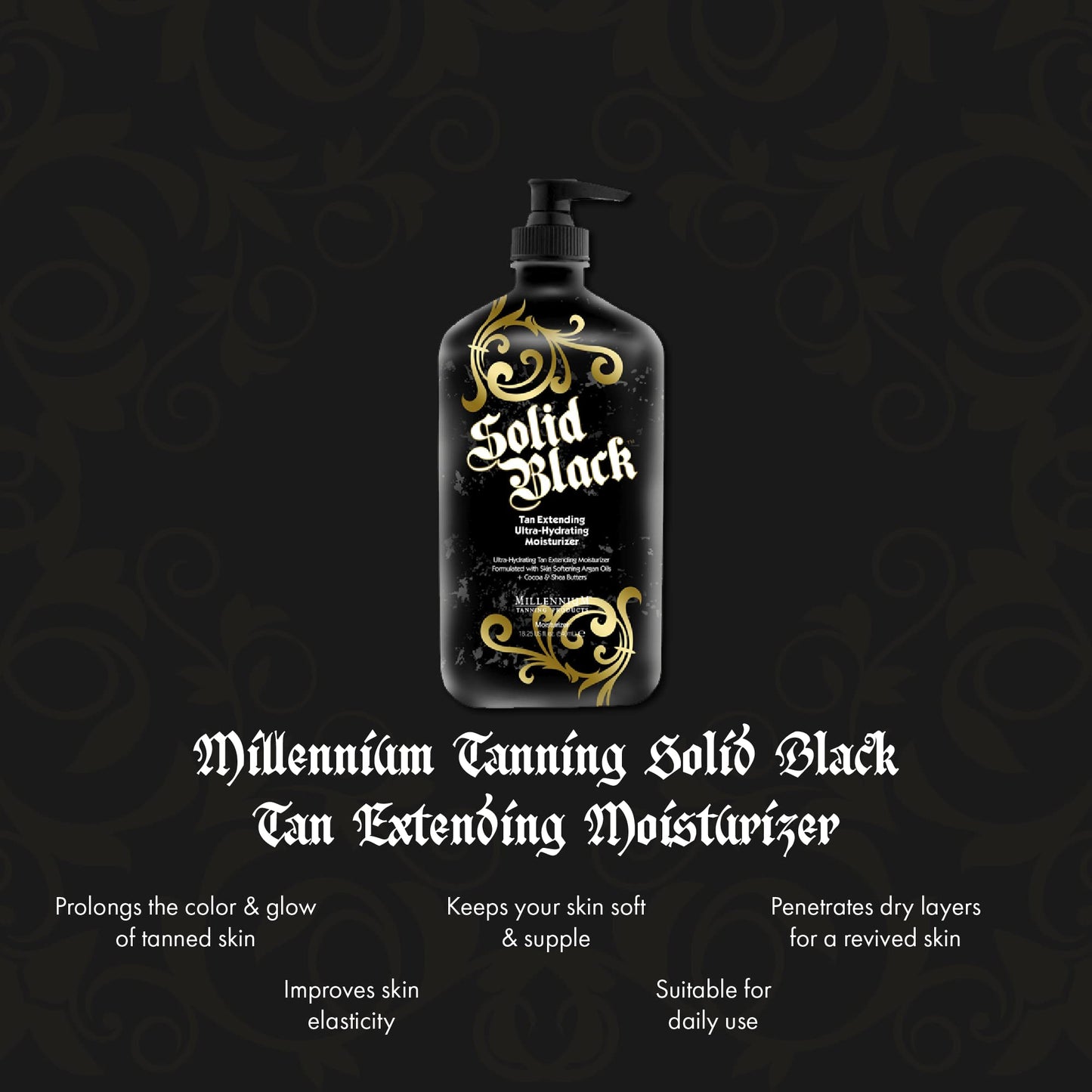 Millennium Tanning Solid Black Tan Extender Moisturizer Body Lotion Tattoo Enhancer with Argan Oils and Aloe Vera 18.25 Fl. Oz.