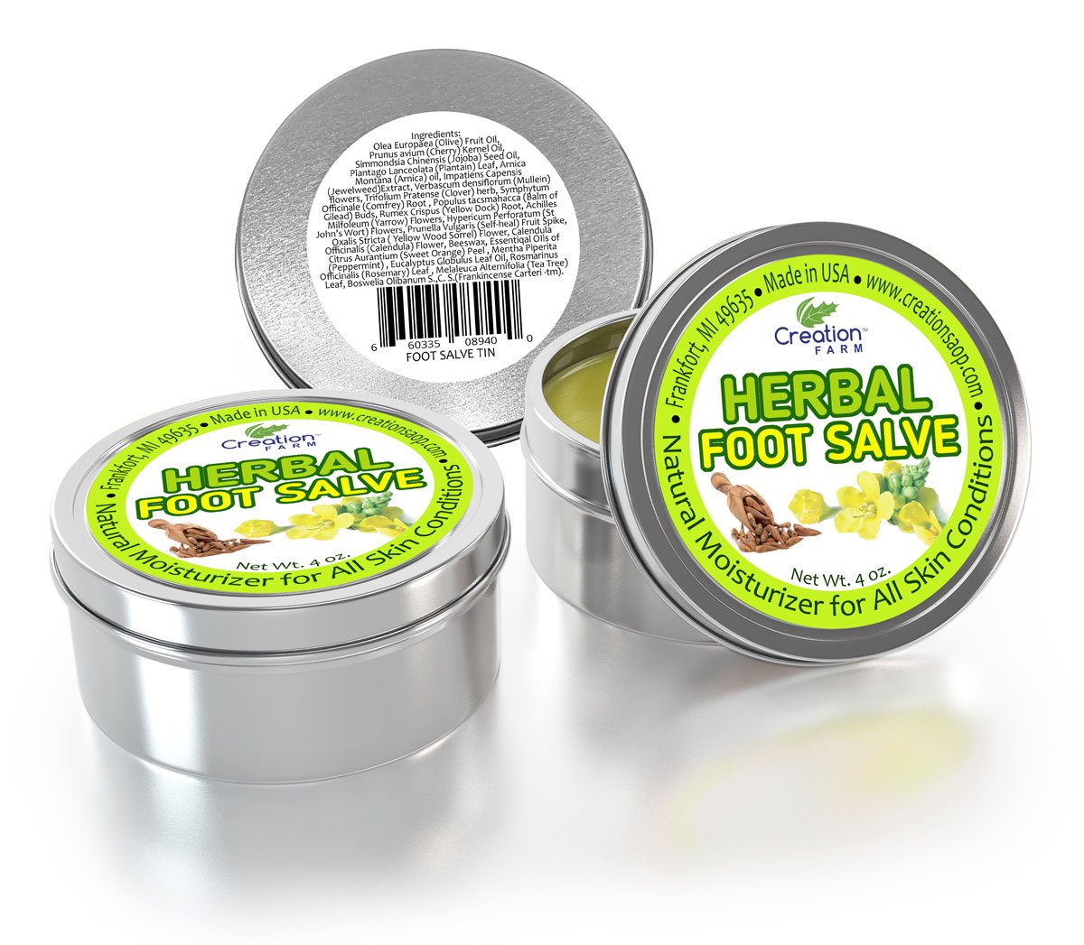 Foot Salve - Large 4 Oz Tin of Herb Foot Balm Cream Ointment - Mejor cuidado de Los pies With Peppermint & Tea Tree by Creation Farm