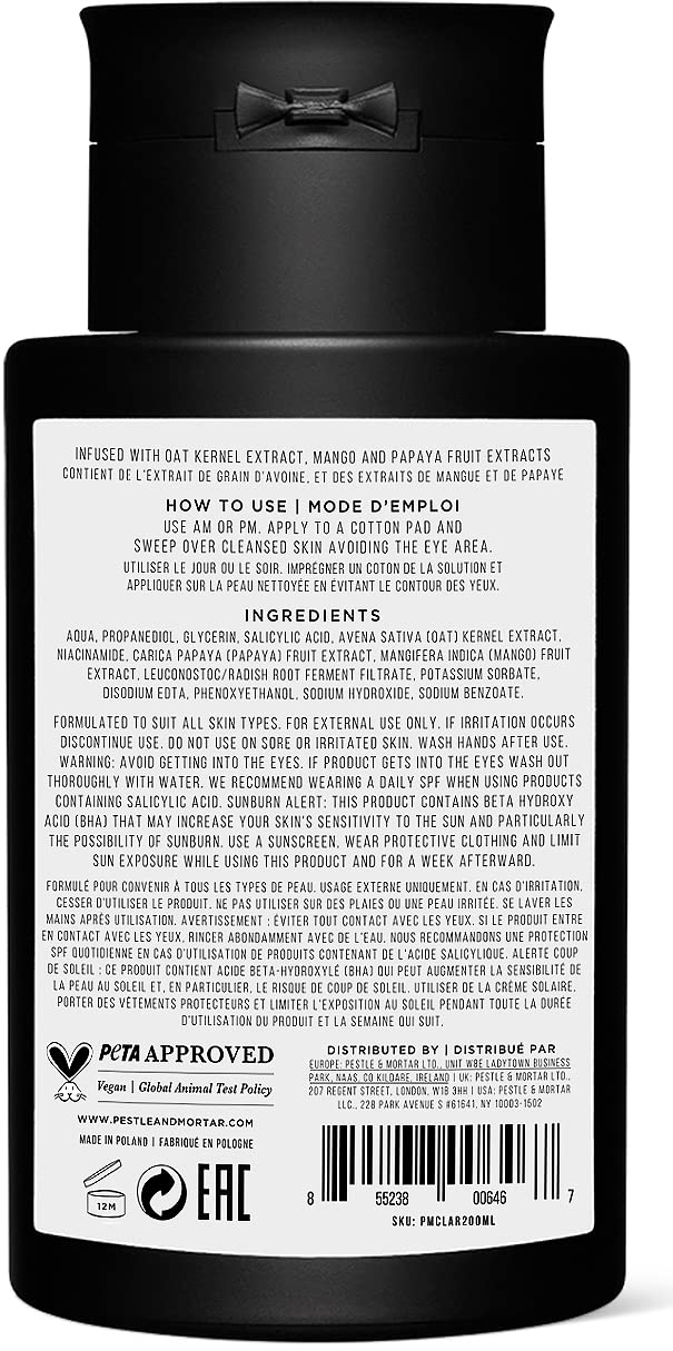 Pestle & Mortar Clarify 2% Salicylic Acid Toner, Acne Treatment and Clear Breakouts, Facial Exfoliant to removes Excess Oil, 6.76 oz