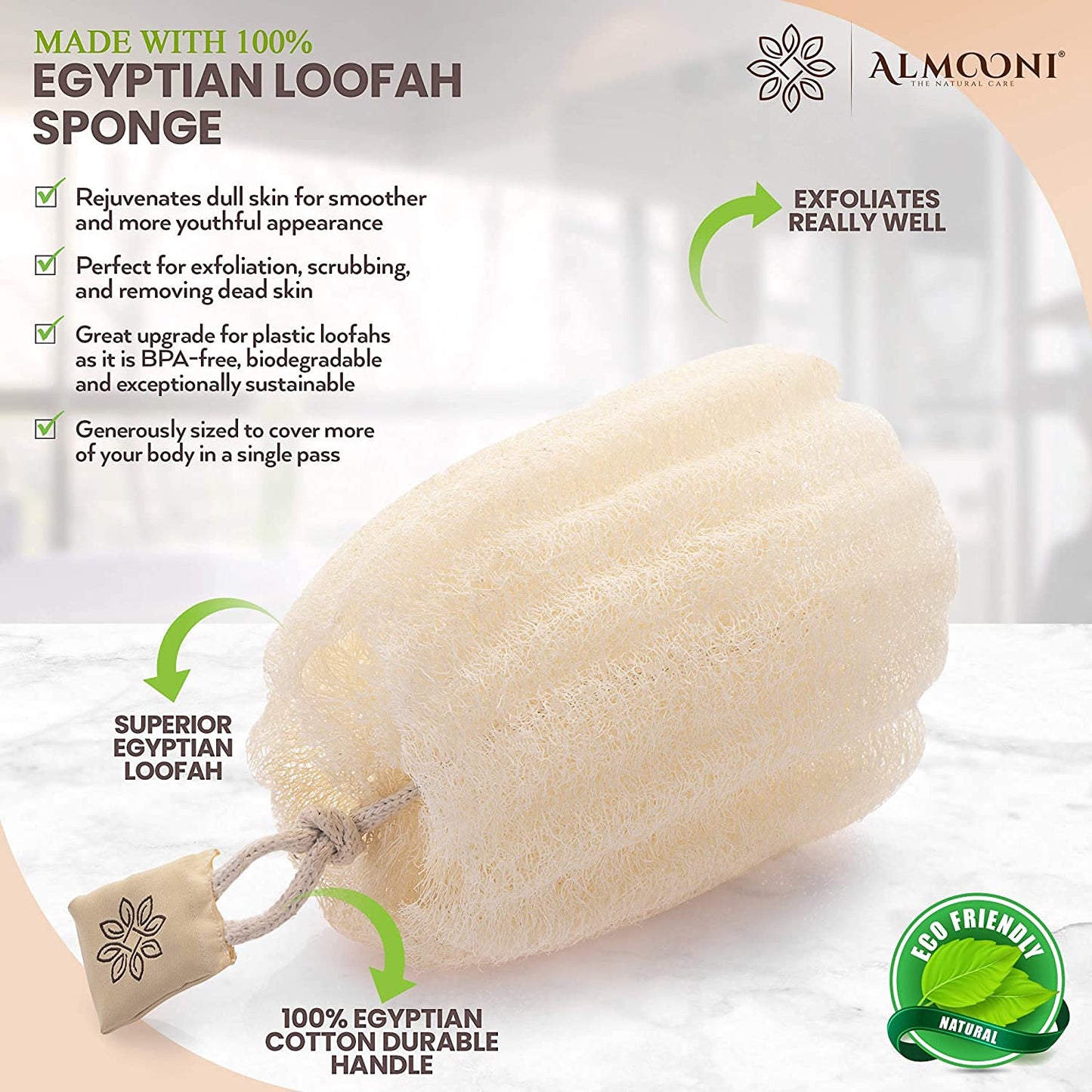 Almooni Natural Loofah Exfoliating Body Scrubber for Men and Women, Real Round Egyptian Loofah Sponge with Consistent Scrub Texture, Large Natural Beauty and Personal Care ALMOONI