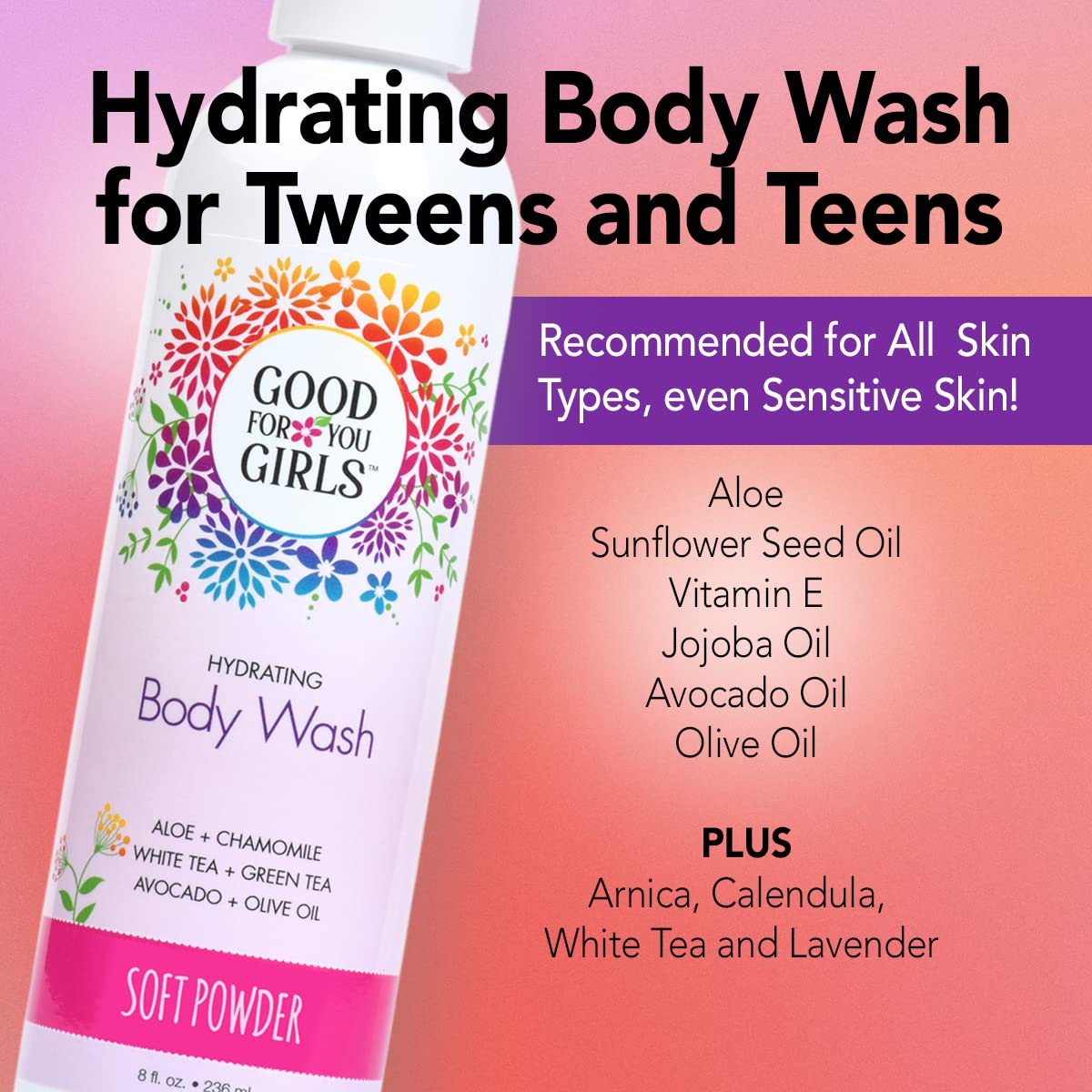Good For You Girls Natural Body Wash with Aloe, Avocado & Jojoba Oils,Shower Gel Body Wash for Girls to Adults, Vegan and Paraben Free, Powder Scent