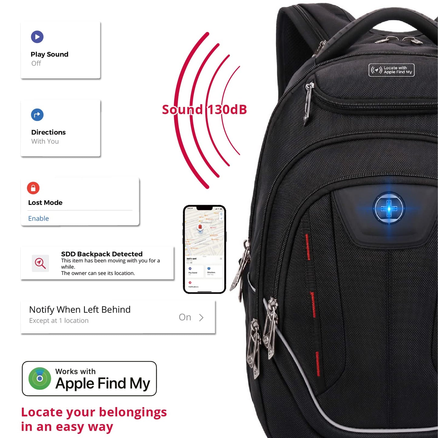Swissdigital Design TSA Laptop Backpack Men's USB Charging Port Large Capacity Business Travel Backpack Black| With Apple Find My Network Black/Red | J16BTFB-41