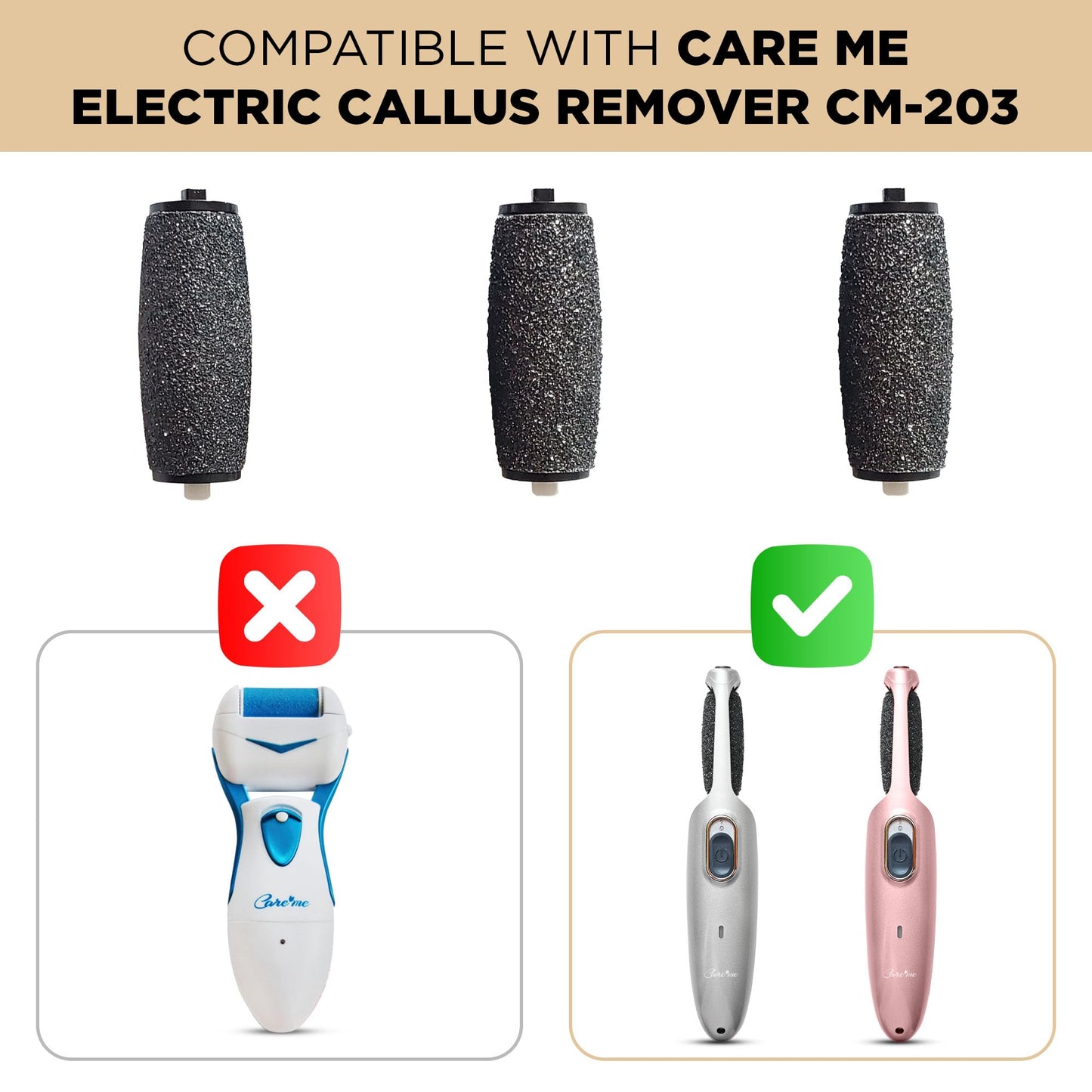 Extra Coarse Refill Rollers for CARE ME Electric Foot Callus Remover CM-203 - 2 Super Coarse and 1 Medium Coarse Replacement Heads for Dead, Hard Skin