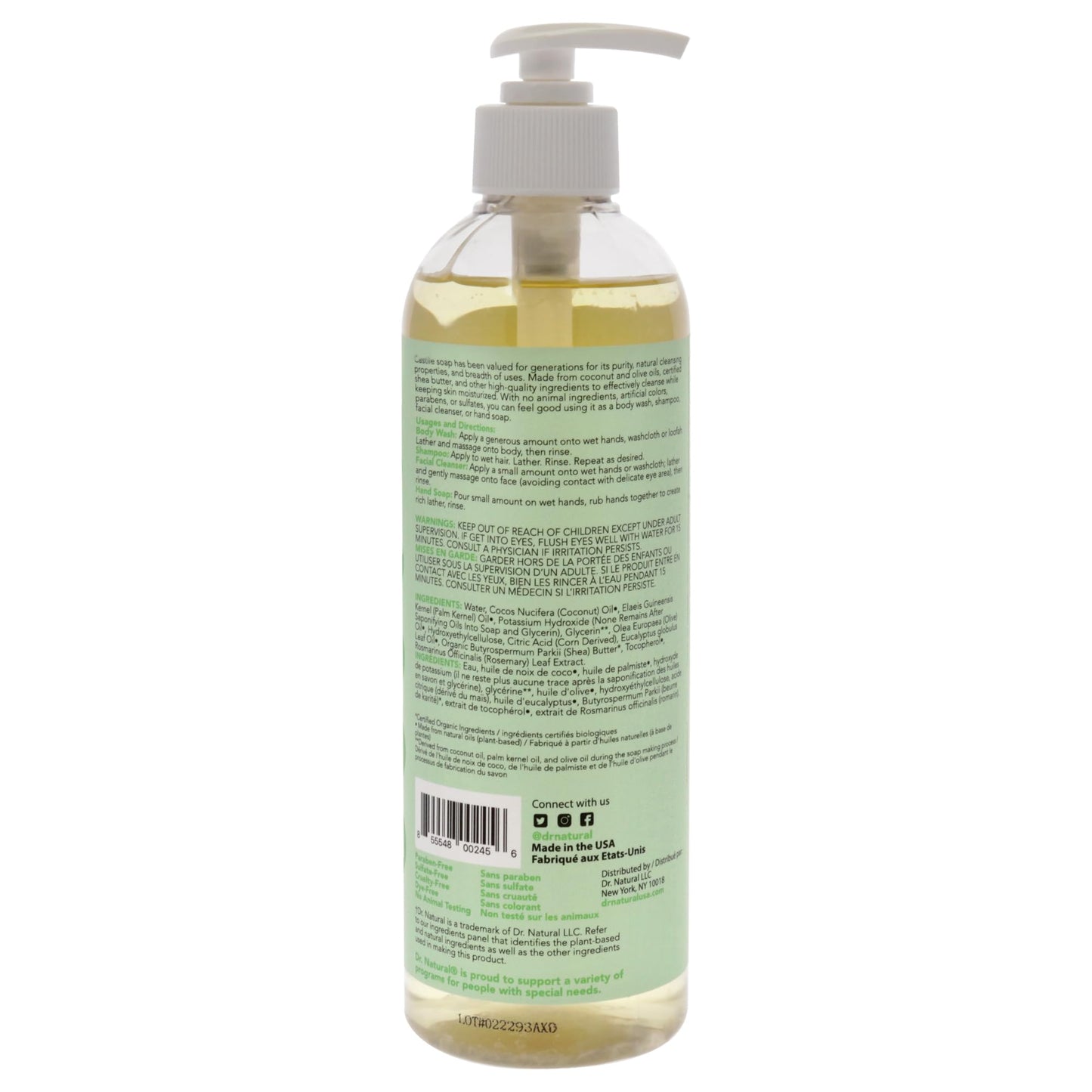 Dr. Natural Castile Liquid Soap - Multi-Use Body Wash, Shampoo and Face Wash - Hydrating Body Soap for Skin, Hair, Pets and Home - Eucalyptus - 16 oz