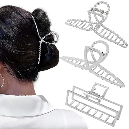 3pcs Hair Claw clips for Women, Metal Silver Large Hair clips for Thick Thin Hair, Geometric Cross Square Jumbo Catch Barrette Clamps, Fashion Hair