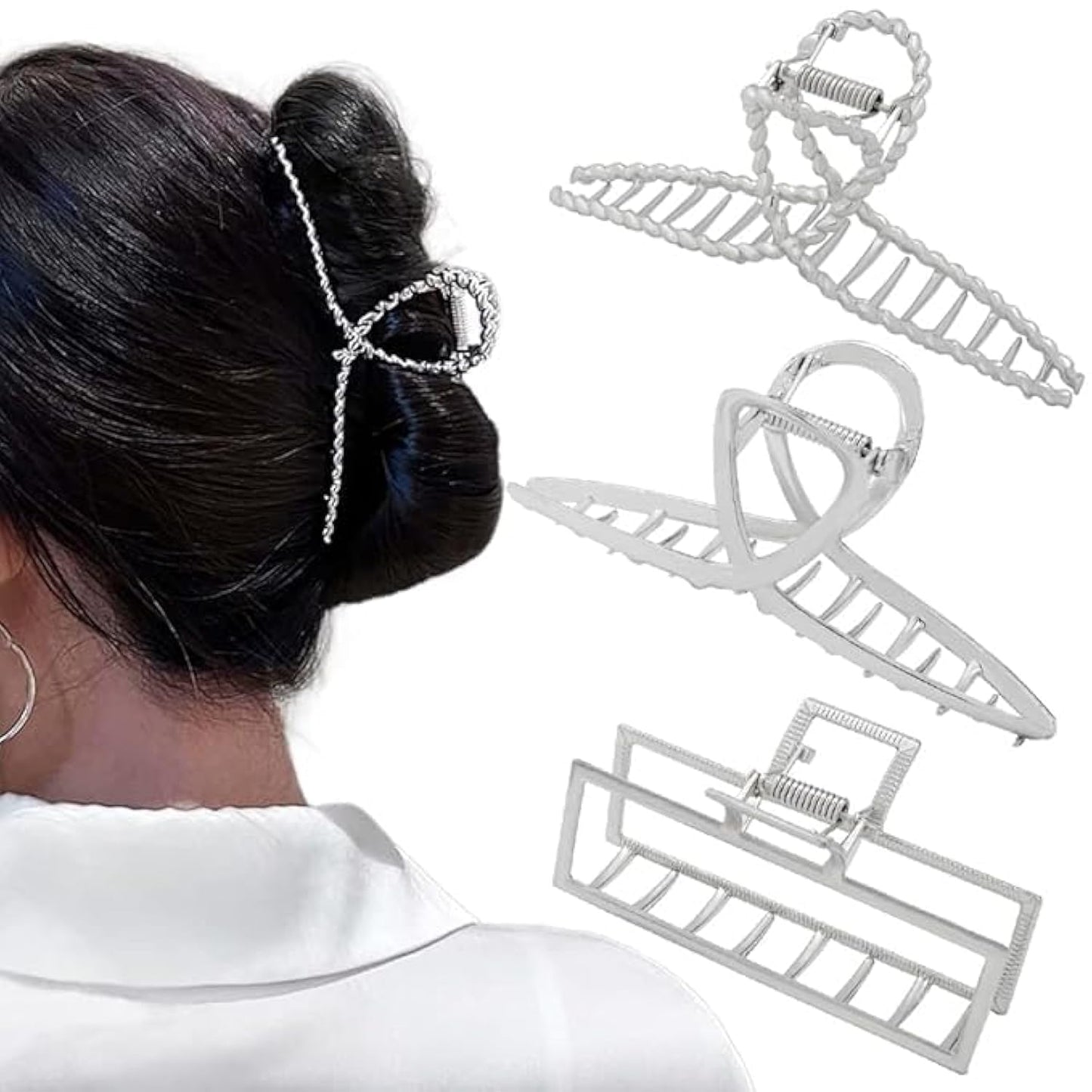 3pcs Hair Claw clips for Women, Metal Silver Large Hair clips for Thick Thin Hair, Geometric Cross Square Jumbo Catch Barrette Clamps, Fashion Hair